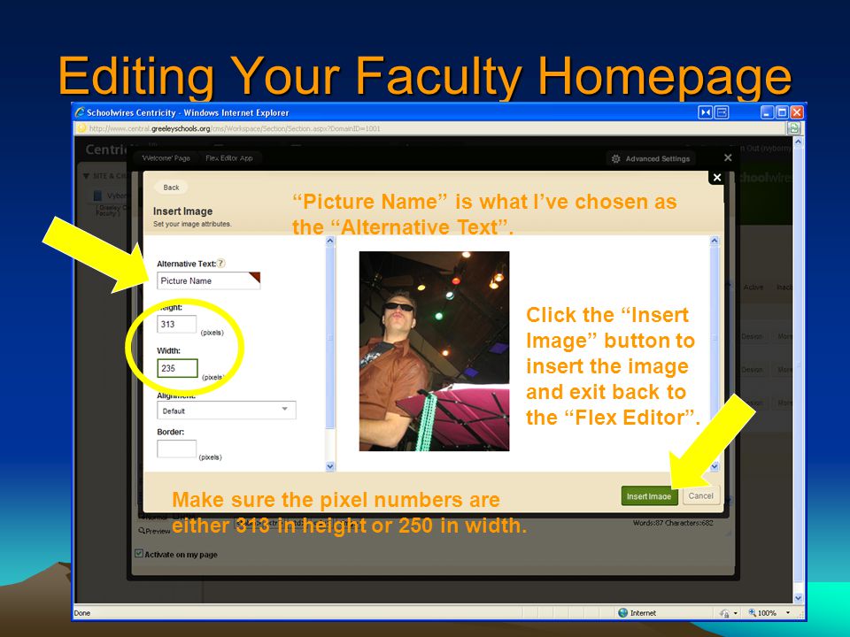 Editing Your Faculty Homepage Picture Name is what I’ve chosen as the Alternative Text .