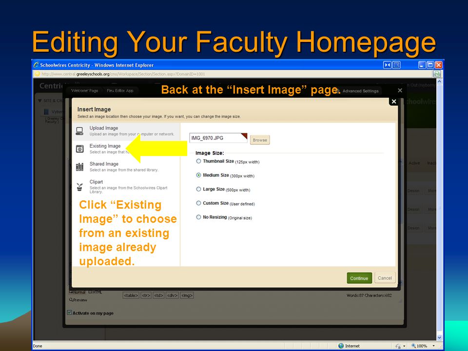 Editing Your Faculty Homepage Back at the Insert Image page.