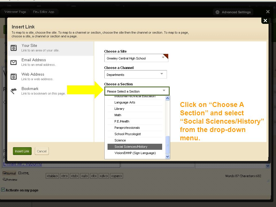 Editing Your Faculty Homepage Click on Choose A Section and select Social Sciences/History from the drop-down menu.