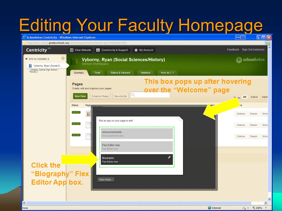 Editing Your Faculty Homepage Click the Biography Flex Editor App box.