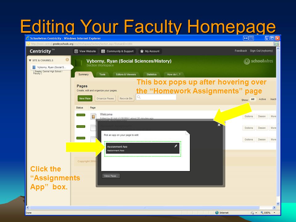 Editing Your Faculty Homepage Click the Assignments App box.