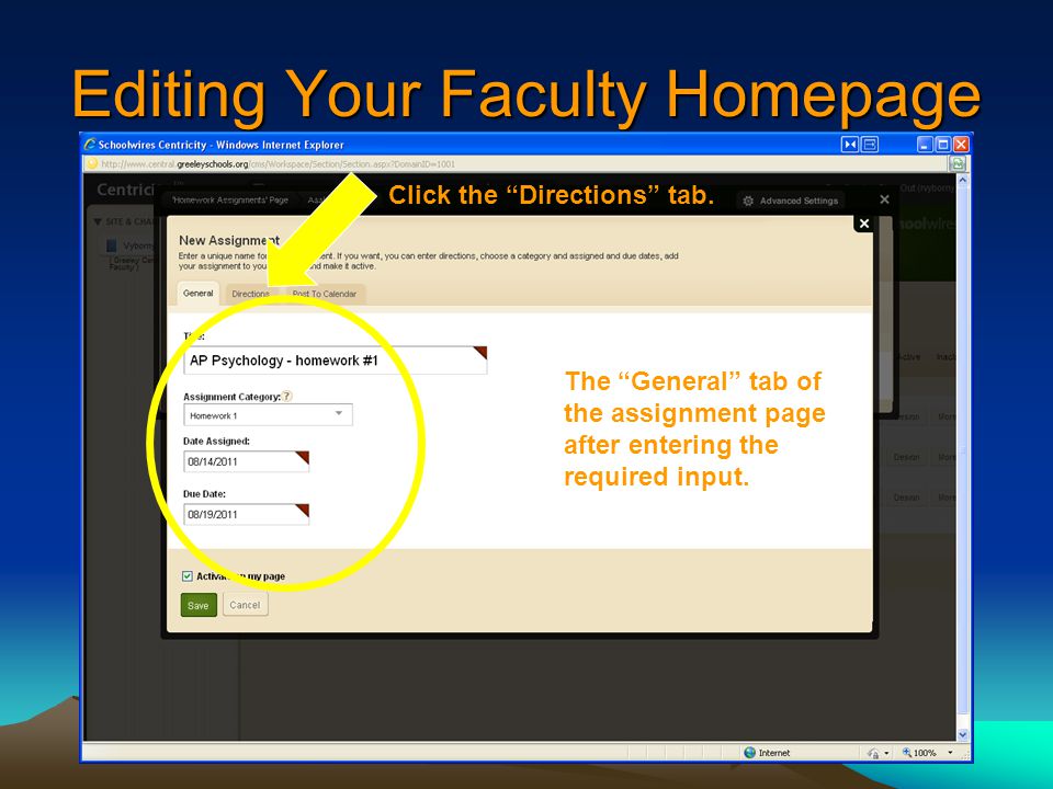 Editing Your Faculty Homepage The General tab of the assignment page after entering the required input.