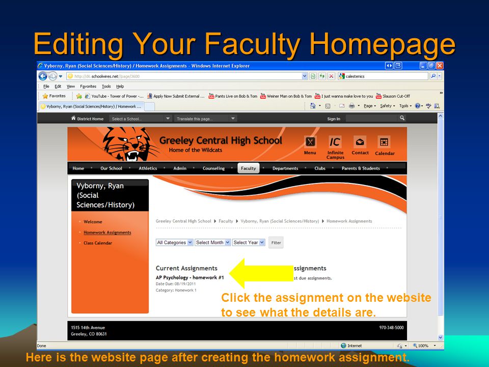 Editing Your Faculty Homepage Here is the website page after creating the homework assignment.