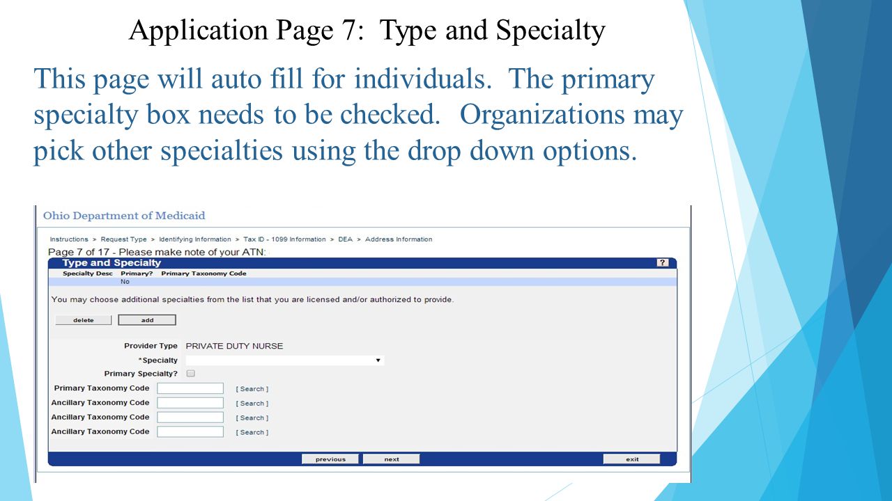 This page will auto fill for individuals. The primary specialty box needs to be checked.