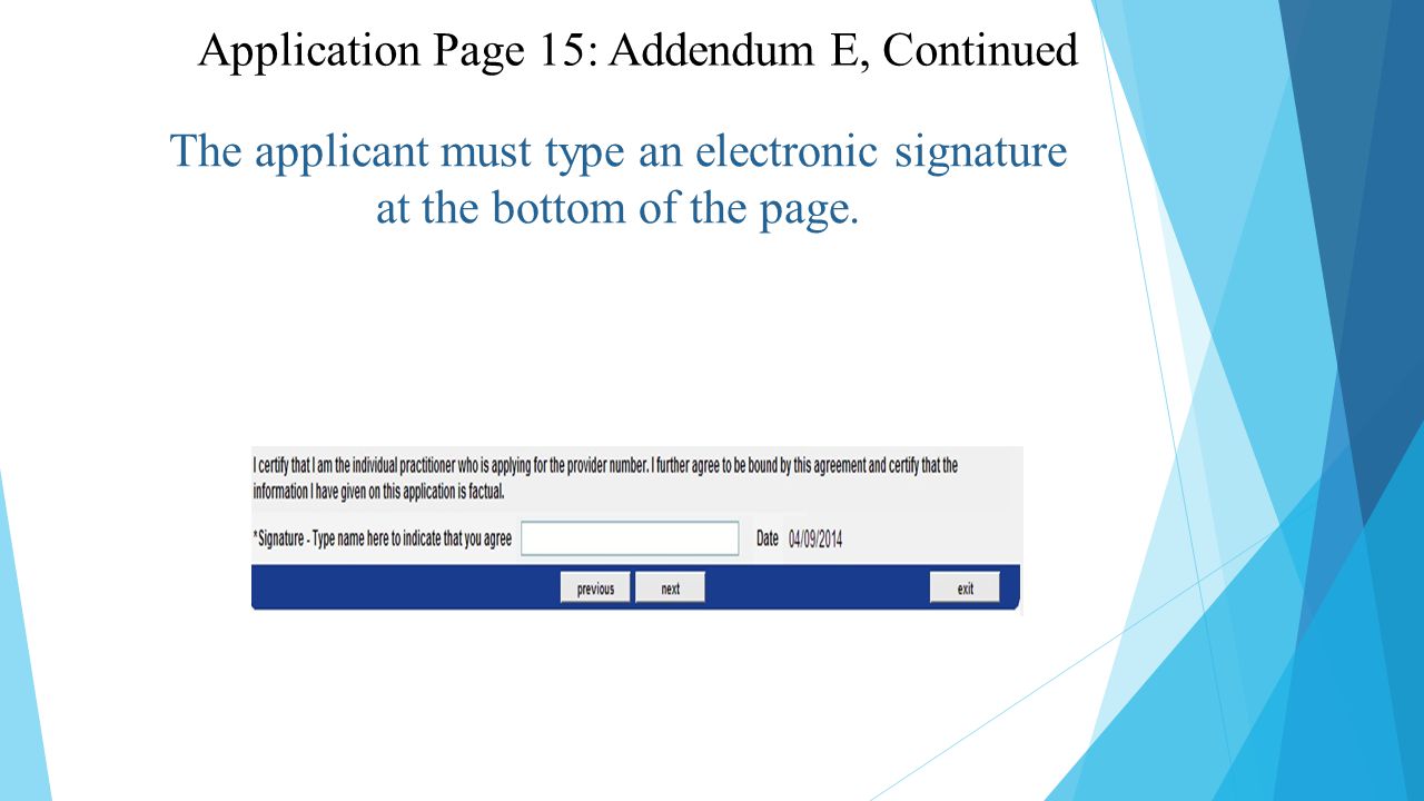 The applicant must type an electronic signature at the bottom of the page.
