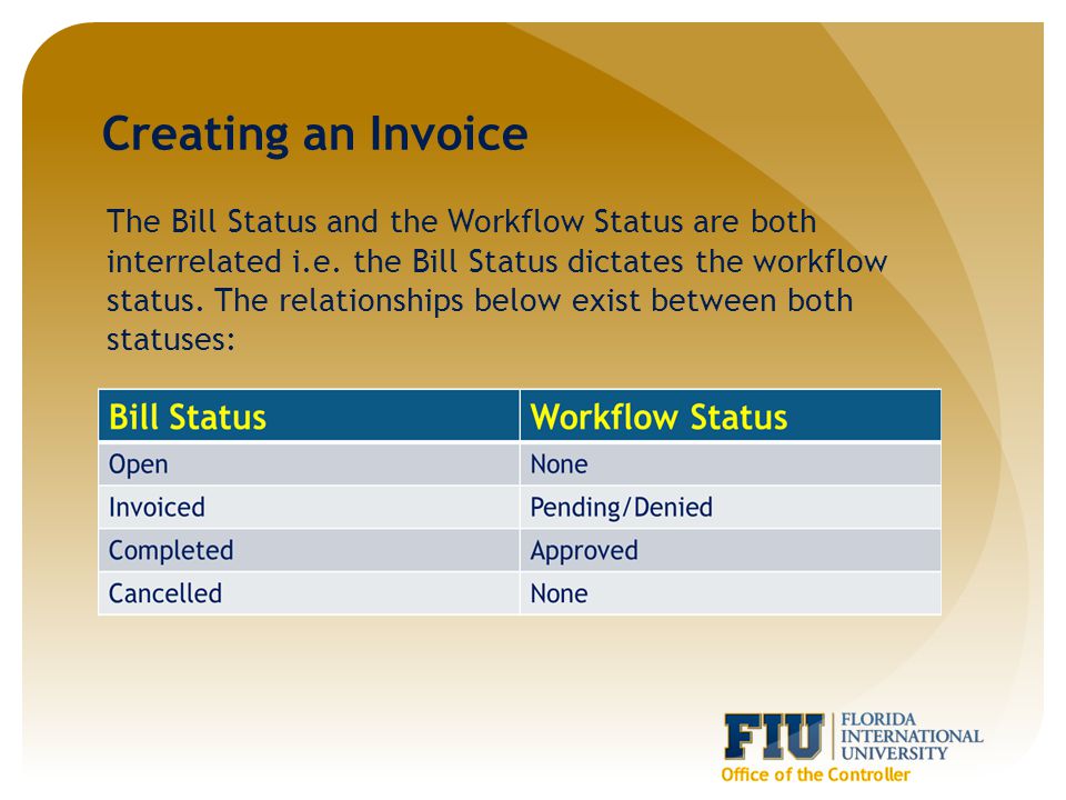 Creating an Invoice The Bill Status and the Workflow Status are both interrelated i.e.