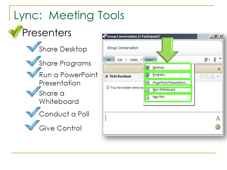 Lync: Meeting Tools Presenters  Share Desktop  Share Programs  Run a PowerPoint Presentation  Share a Whiteboard  Conduct a Poll  Give Control