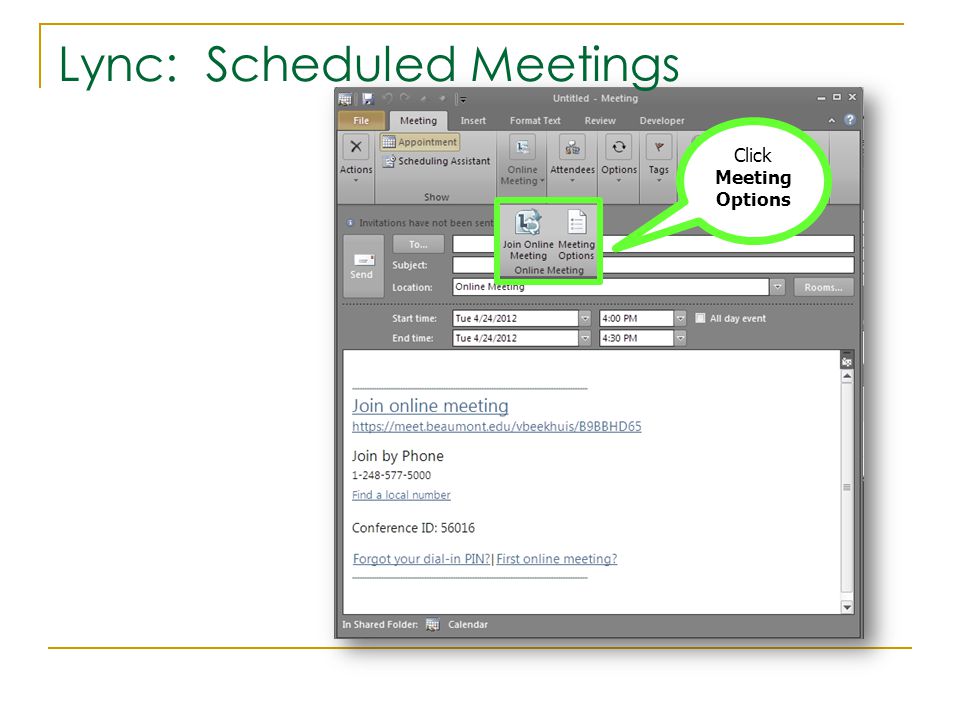Lync: Scheduled Meetings Click Meeting Options