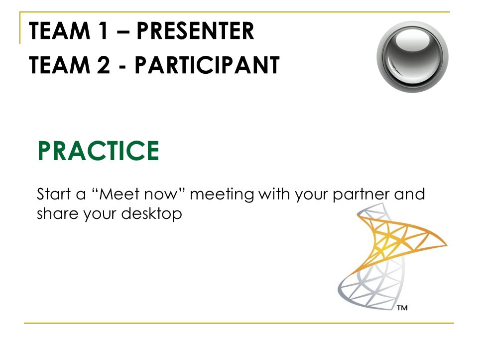 PRACTICE TEAM 1 – PRESENTER TEAM 2 - PARTICIPANT Start a Meet now meeting with your partner and share your desktop
