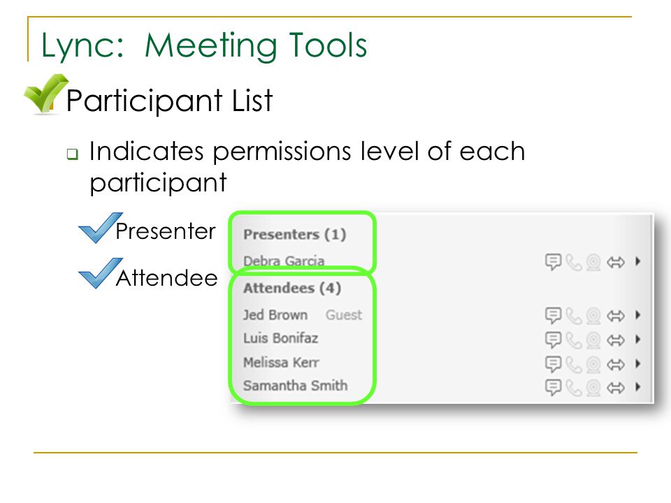Lync: Meeting Tools Participant List  Indicates permissions level of each participant  Presenter  Attendee