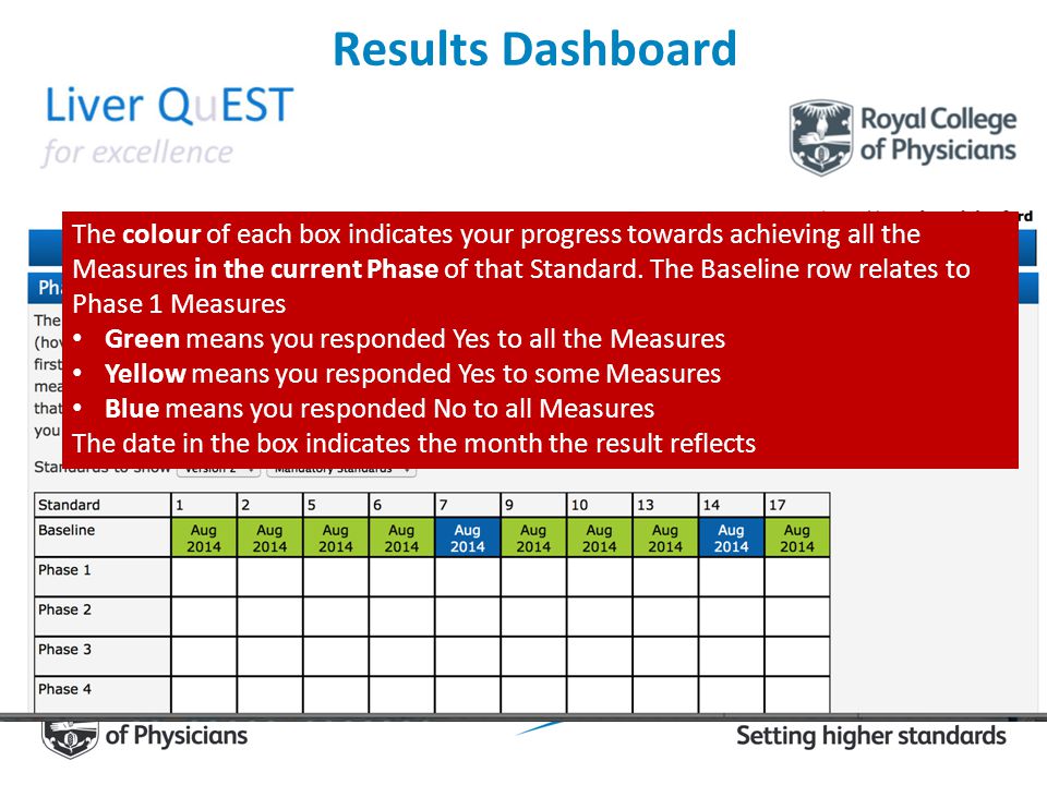 Results Dashboard The colour of each box indicates your progress towards achieving all the Measures in the current Phase of that Standard.