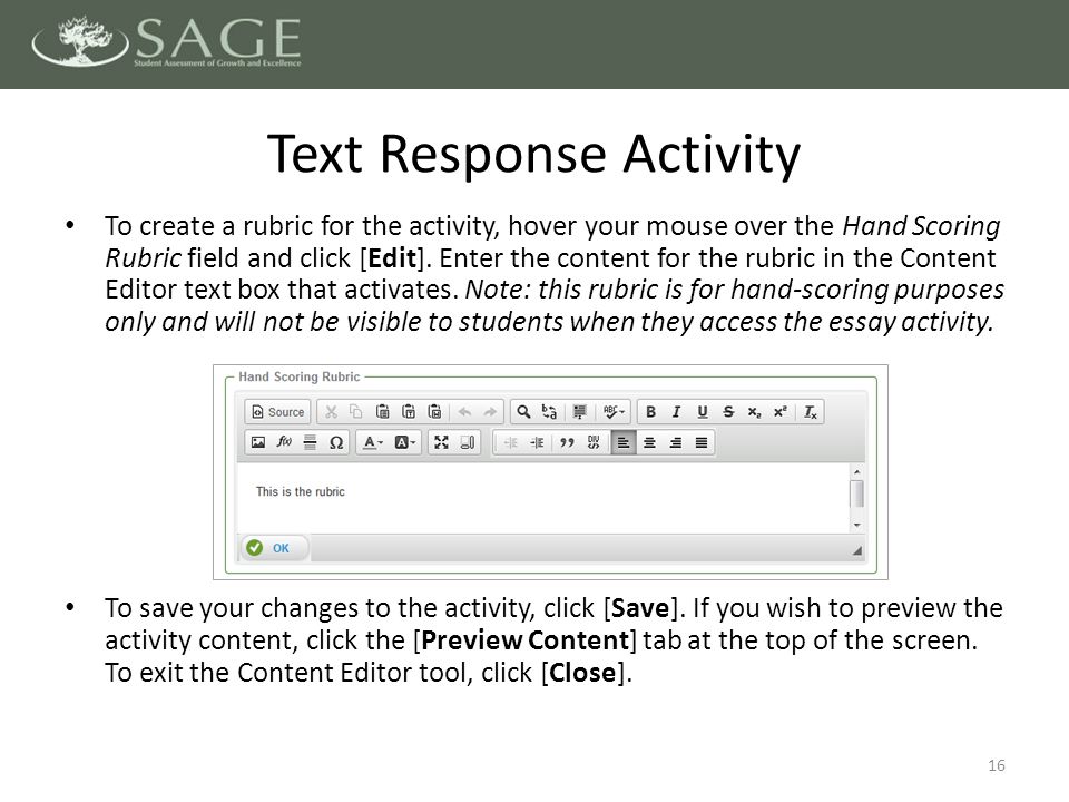 To create a rubric for the activity, hover your mouse over the Hand Scoring Rubric field and click [Edit].