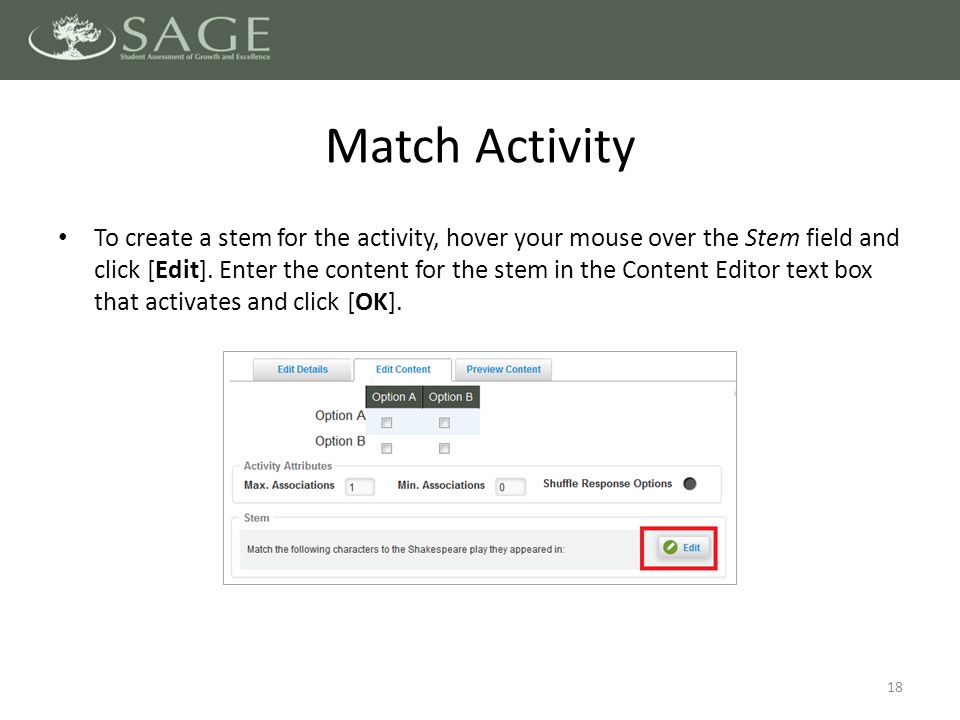 To create a stem for the activity, hover your mouse over the Stem field and click [Edit].