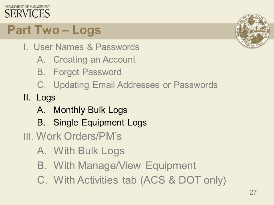 27 Part Two – Logs I.User Names & Passwords A. Creating an Account B.