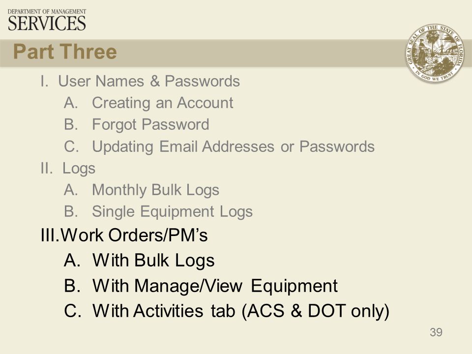 39 Part Three I.User Names & Passwords A. Creating an Account B.