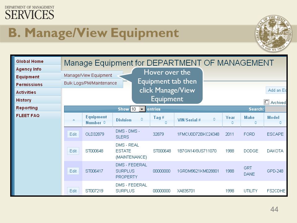 44 B. Manage/View Equipment Hover over the Equipment tab then click Manage/View Equipment