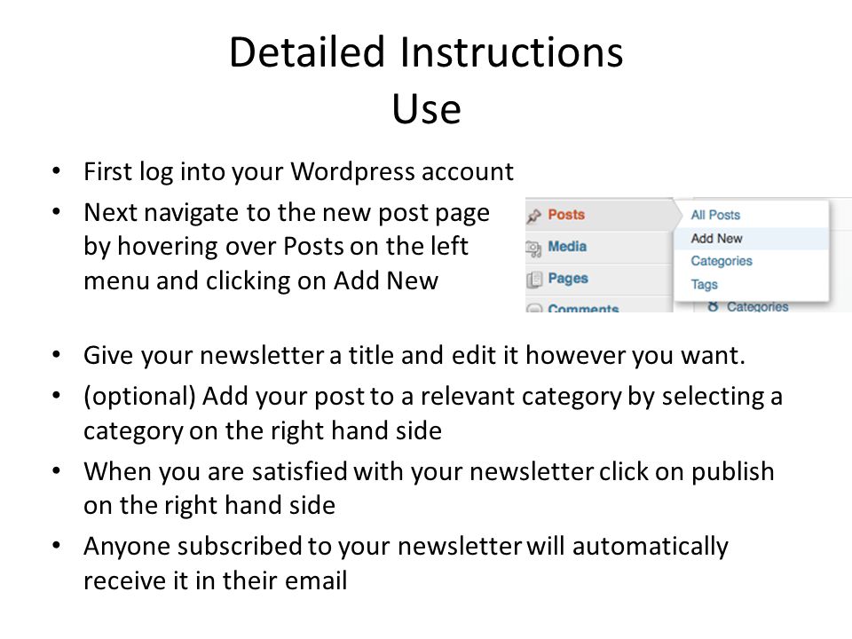 First log into your Wordpress account Next navigate to the new post page by hovering over Posts on the left menu and clicking on Add New Give your newsletter a title and edit it however you want.
