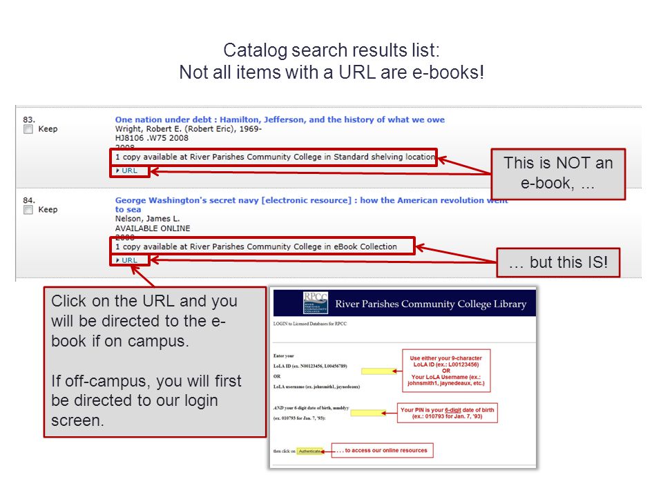 Catalog search results list: Not all items with a URL are e-books.