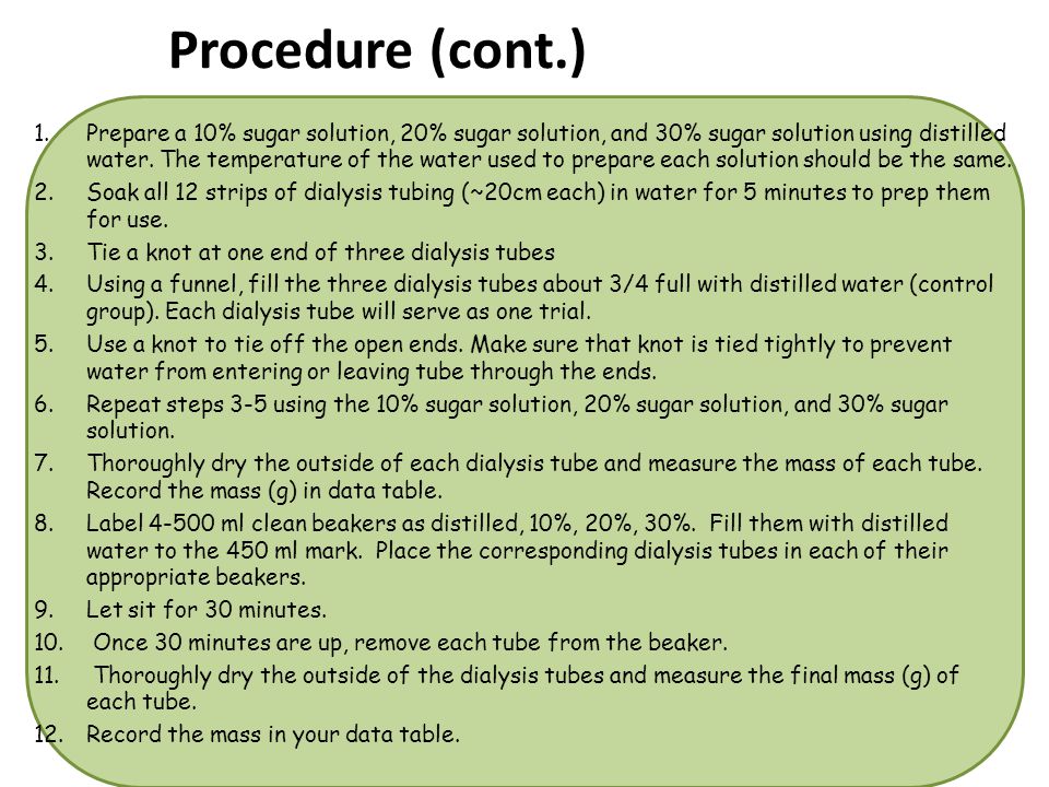 Procedure (cont.) 1.Prepare a 10% sugar solution, 20% sugar solution, and 30% sugar solution using distilled water.