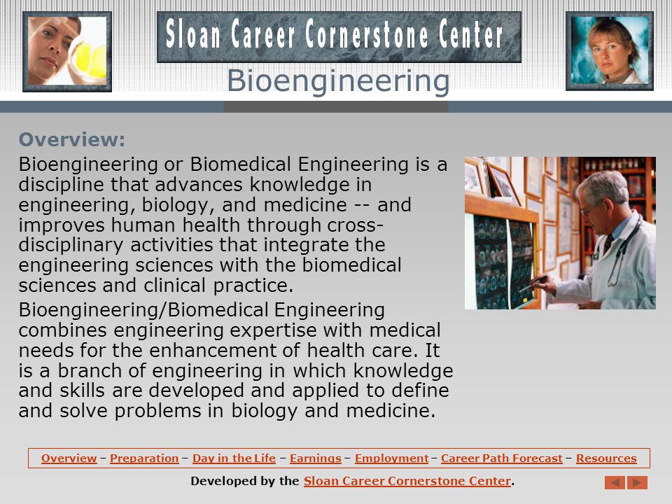 OverviewOverview – Preparation – Day in the Life – Earnings – Employment – Career Path Forecast – ResourcesPreparationDay in the LifeEarningsEmploymentCareer Path ForecastResources Developed by the Sloan Career Cornerstone Center.Sloan Career Cornerstone Center Bioengineering