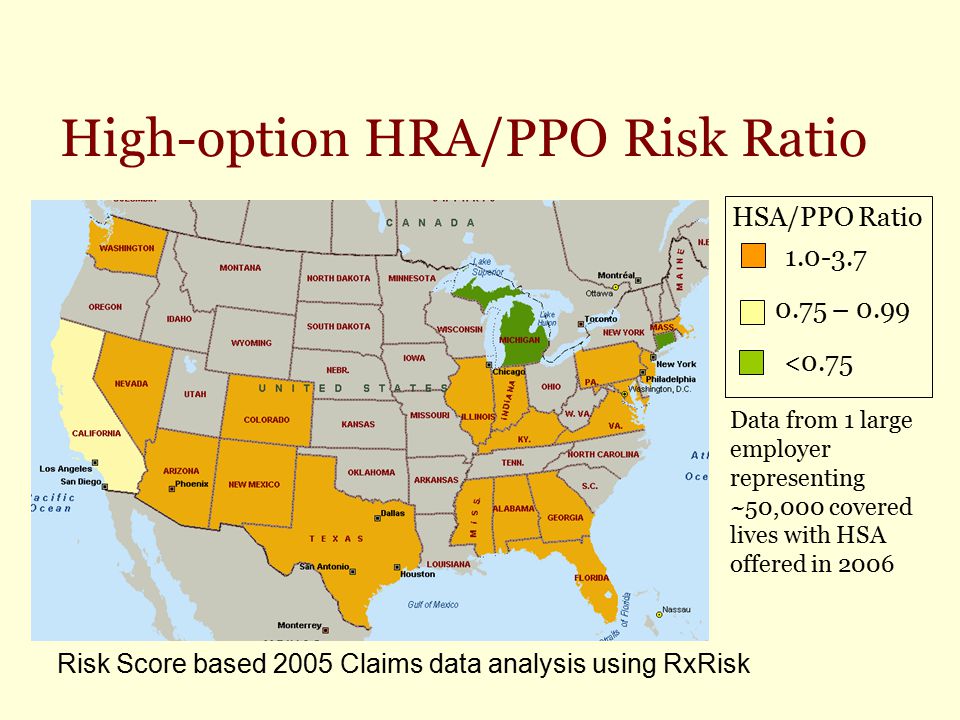 High-option HRA/PPO Risk Ratio Data from 1 large employer representing ~50,000 covered lives with HSA offered in – 0.99 <0.75 HSA/PPO Ratio Risk Score based 2005 Claims data analysis using RxRisk