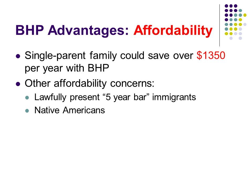 BHP Advantages: Affordability Single-parent family could save over $1350 per year with BHP Other affordability concerns: Lawfully present 5 year bar immigrants Native Americans