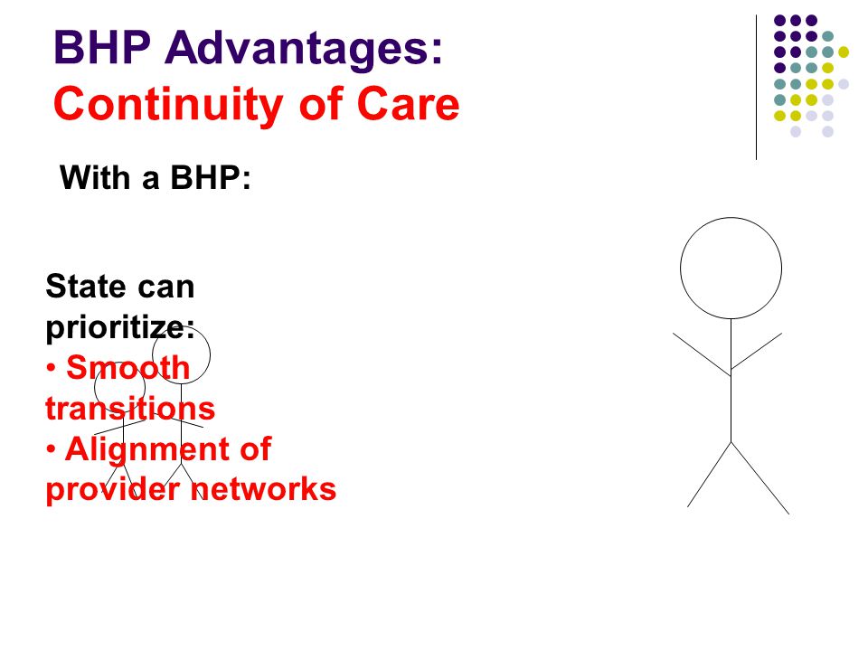 BHP Advantages: Continuity of Care With a BHP: State can prioritize: Smooth transitions Alignment of provider networks