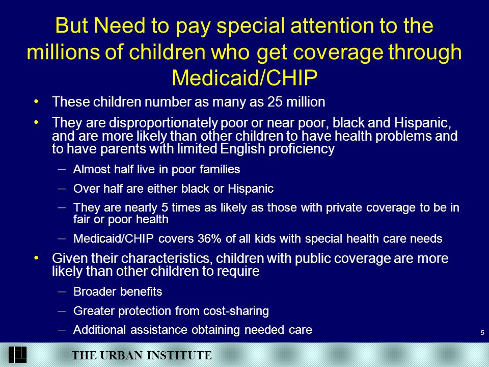 THE URBAN INSTITUTE 5 But Need to pay special attention to the millions of children who get coverage through Medicaid/CHIP These children number as many as 25 million They are disproportionately poor or near poor, black and Hispanic, and are more likely than other children to have health problems and to have parents with limited English proficiency – Almost half live in poor families – Over half are either black or Hispanic – They are nearly 5 times as likely as those with private coverage to be in fair or poor health – Medicaid/CHIP covers 36% of all kids with special health care needs Given their characteristics, children with public coverage are more likely than other children to require – Broader benefits – Greater protection from cost-sharing – Additional assistance obtaining needed care