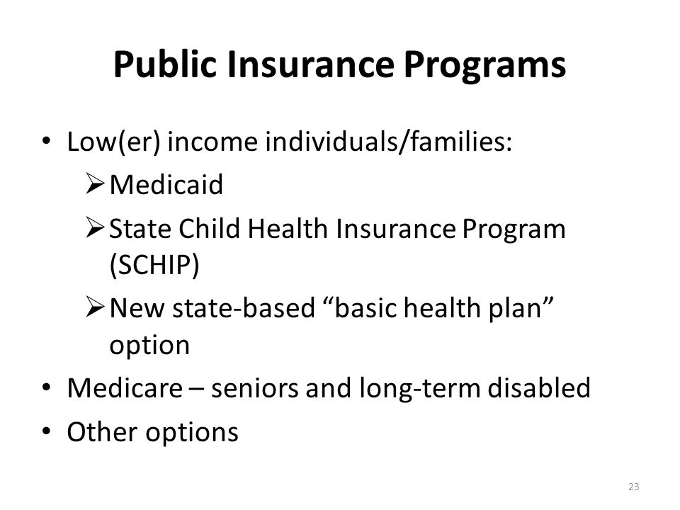 Public Insurance Programs Low(er) income individuals/families:  Medicaid  State Child Health Insurance Program (SCHIP)  New state-based basic health plan option Medicare – seniors and long-term disabled Other options 23