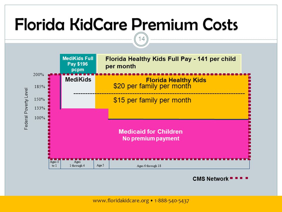 Florida KidCare Premium Costs $20 per family per month $15 per family per month
