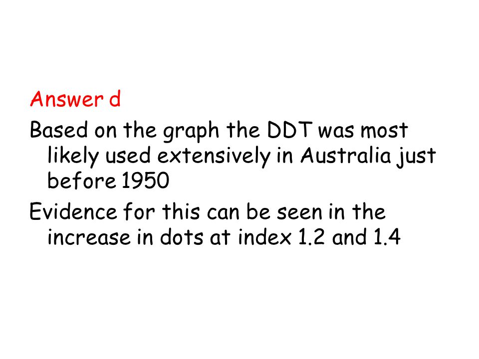 Answer d Based on the graph the DDT was most likely used extensively in Australia just before 1950 Evidence for this can be seen in the increase in dots at index 1.2 and 1.4