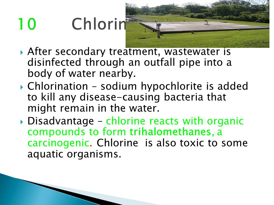  After secondary treatment, wastewater is disinfected through an outfall pipe into a body of water nearby.