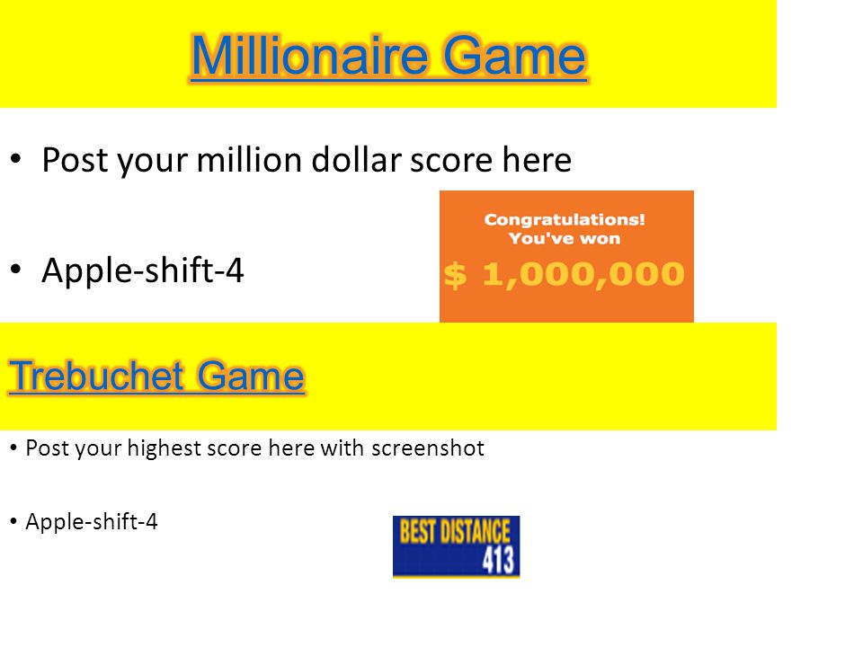 Post your highest score here with screenshot Apple-shift-4 Post your million dollar score here Apple-shift-4