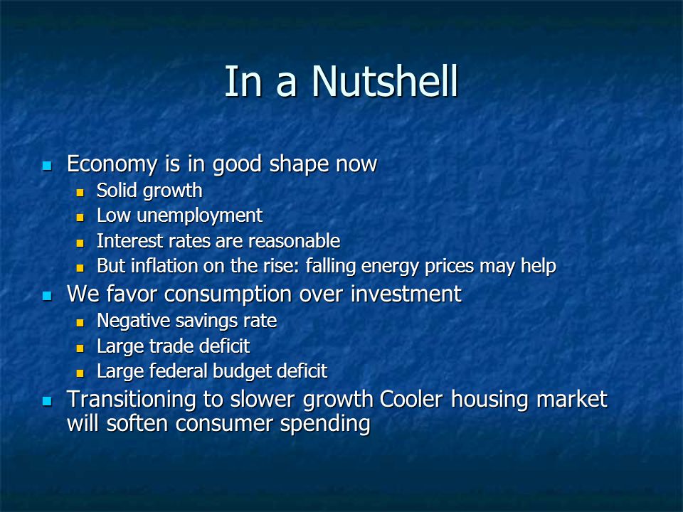In a Nutshell Economy is in good shape now Economy is in good shape now Solid growth Solid growth Low unemployment Low unemployment Interest rates are reasonable Interest rates are reasonable But inflation on the rise: falling energy prices may help But inflation on the rise: falling energy prices may help We favor consumption over investment We favor consumption over investment Negative savings rate Negative savings rate Large trade deficit Large trade deficit Large federal budget deficit Large federal budget deficit Transitioning to slower growth Cooler housing market will soften consumer spending Transitioning to slower growth Cooler housing market will soften consumer spending
