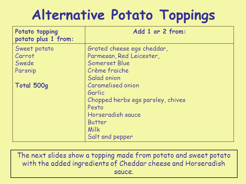 Alternative Potato Toppings Potato topping potato plus 1 from: Add 1 or 2 from: Sweet potato Carrot Swede Parsnip Total 500g Grated cheese egs cheddar, Parmesan, Red Leicester, Somerset Blue Crème fraiche Salad onion Caramelised onion Garlic Chopped herbs egs parsley, chives Pesto Horseradish sauce Butter Milk Salt and pepper The next slides show a topping made from potato and sweet potato with the added ingredients of Cheddar cheese and Horseradish sauce.