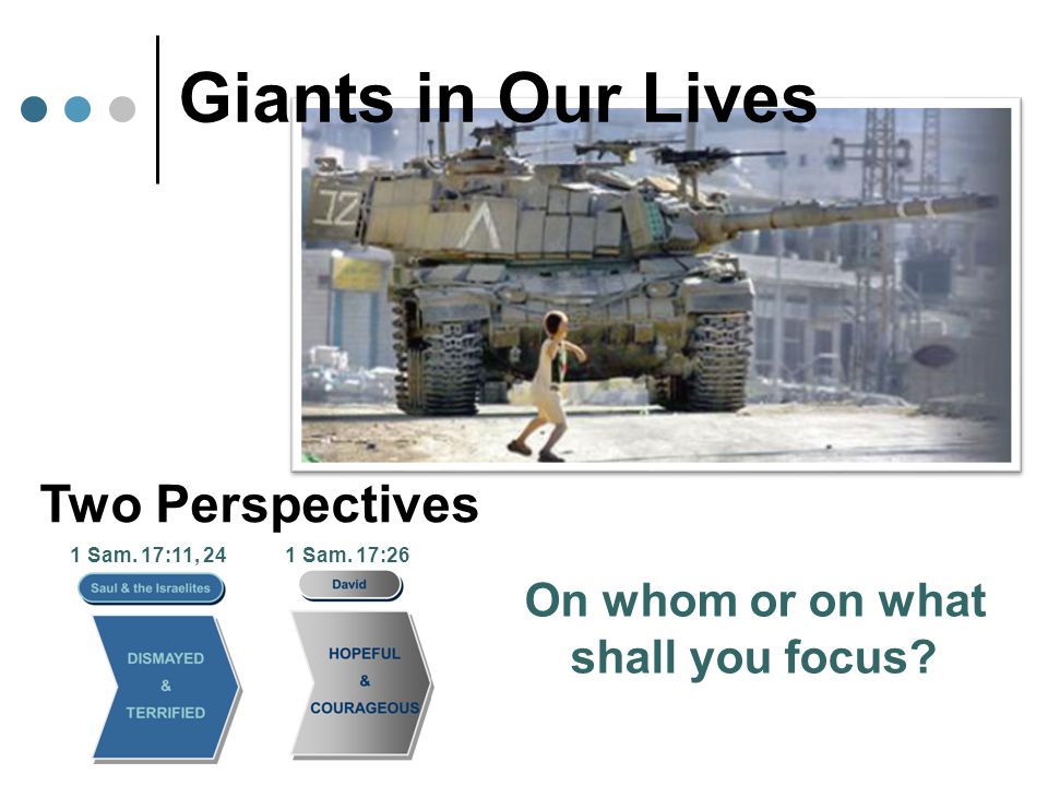 Giants in Our Lives Two Perspectives 1 Sam. 17:11, 24 On whom or on what shall you focus.