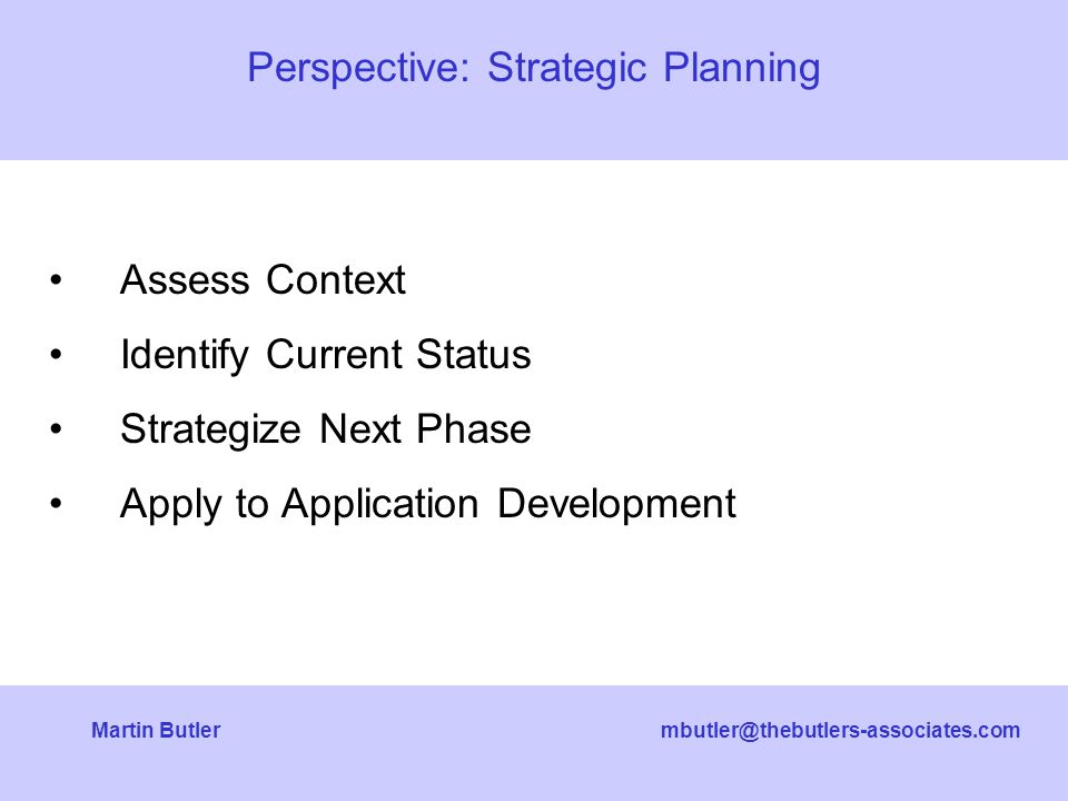 Butler Assess Context Identify Current Status Strategize Next Phase Apply to Application Development Perspective: Strategic Planning