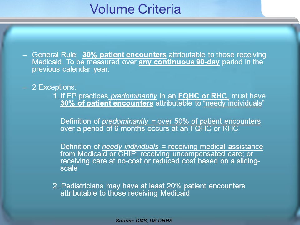 Volume Criteria –General Rule: 30% patient encounters attributable to those receiving Medicaid.