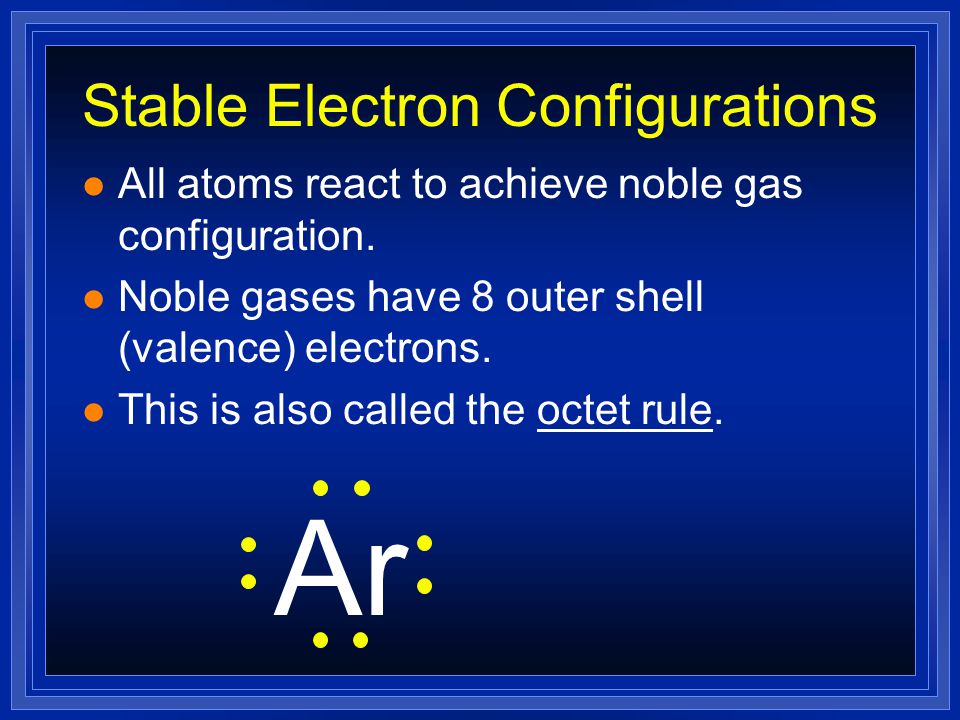 Electron Dots For Anions l Nonmetals will have many valence electrons (usually 5 or more) l They will gain electrons to fill outer shell.
