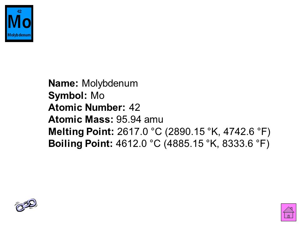 Name: Molybdenum Symbol: Mo Atomic Number: 42 Atomic Mass: amu Melting Point: °C ( °K, °F) Boiling Point: °C ( °K, °F)