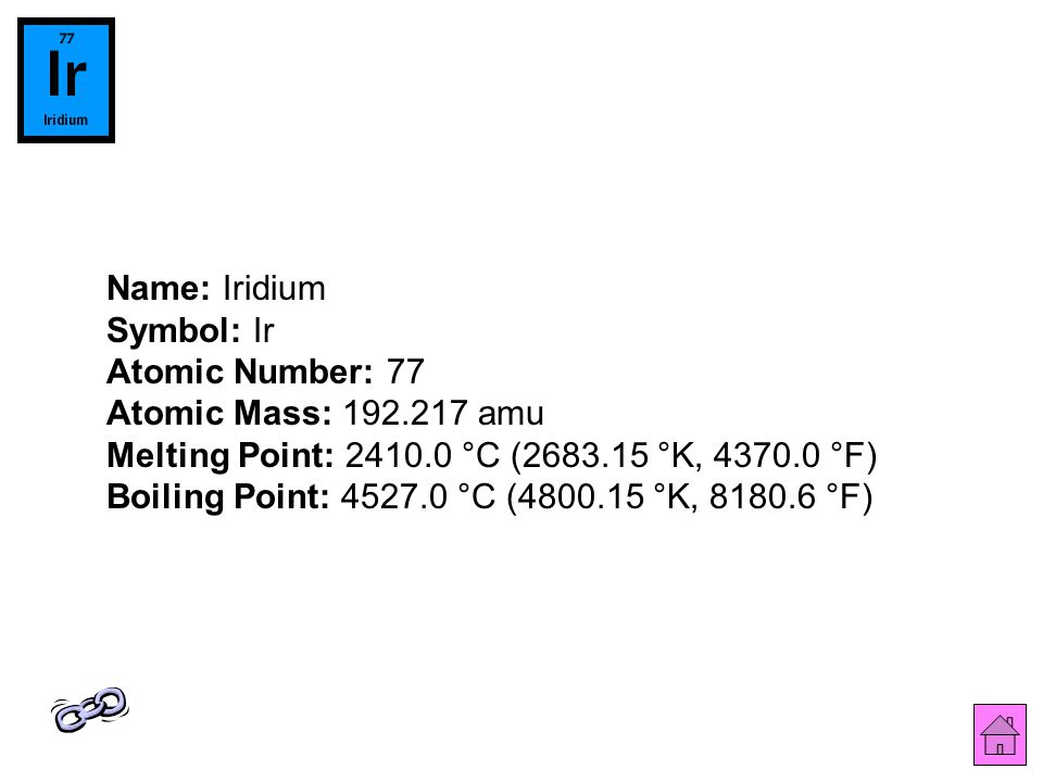 Name: Iridium Symbol: Ir Atomic Number: 77 Atomic Mass: amu Melting Point: °C ( °K, °F) Boiling Point: °C ( °K, °F)