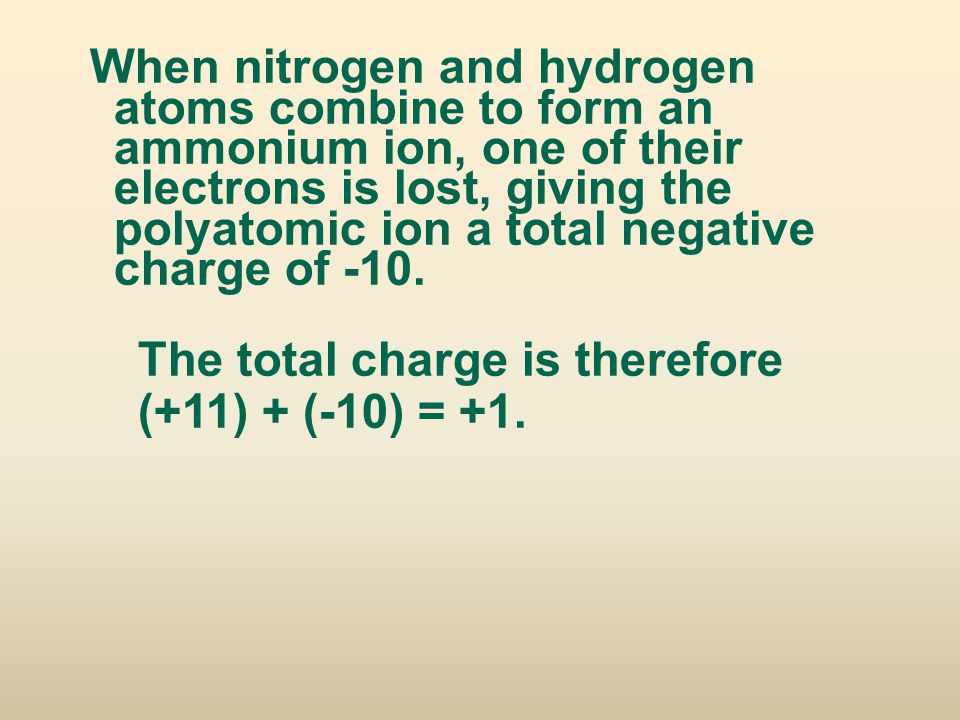 When nitrogen and hydrogen atoms combine to form an ammonium ion, one of their electrons is lost, giving the polyatomic ion a total negative charge of -10.