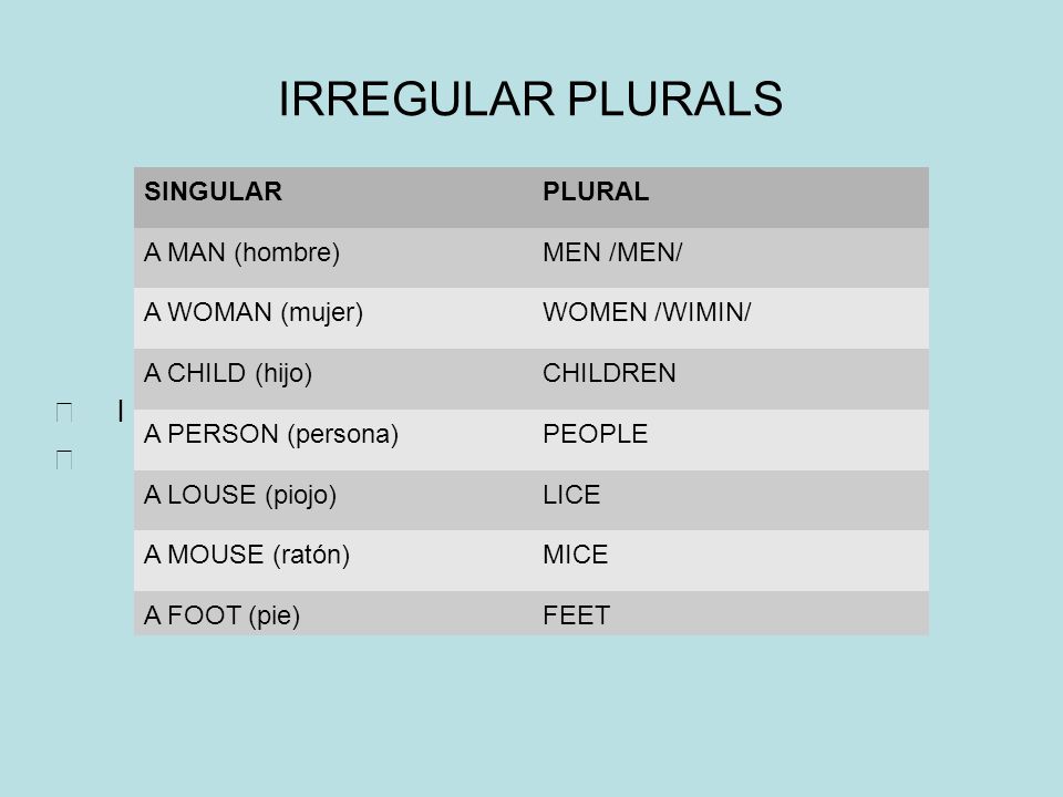 IRREGULAR PLURALS l SINGULARPLURAL A MAN (hombre)MEN /MEN/ A WOMAN (mujer)WOMEN /WIMIN/ A CHILD (hijo)CHILDREN A PERSON (persona)PEOPLE A LOUSE (piojo)LICE A MOUSE (ratón)MICE A FOOT (pie)FEET