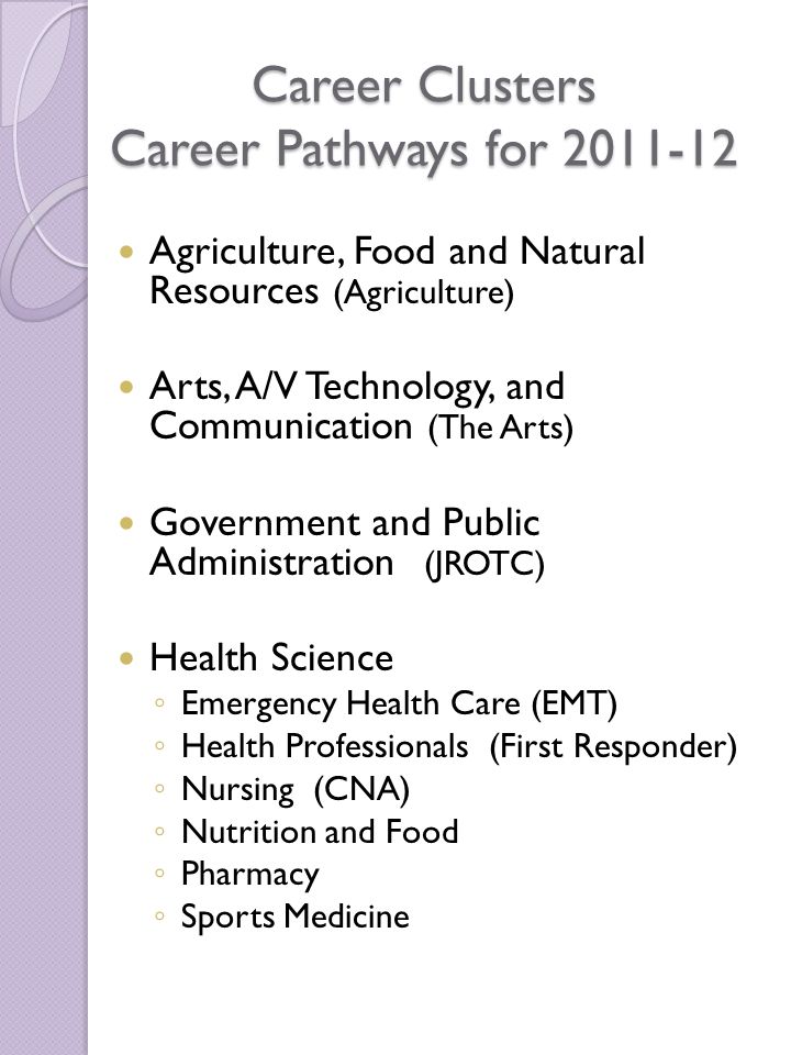 Career Clusters Career Pathways for Agriculture, Food and Natural Resources (Agriculture) Arts, A/V Technology, and Communication (The Arts) Government and Public Administration (JROTC) Health Science ◦ Emergency Health Care (EMT) ◦ Health Professionals (First Responder) ◦ Nursing (CNA) ◦ Nutrition and Food ◦ Pharmacy ◦ Sports Medicine