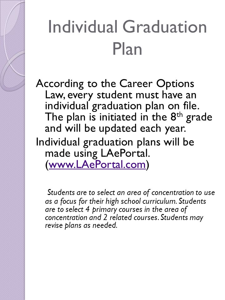 Individual Graduation Plan According to the Career Options Law, every student must have an individual graduation plan on file.