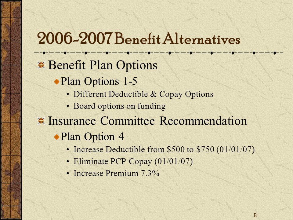 8 Benefit Plan Options Plan Options 1-5 Different Deductible & Copay Options Board options on funding Insurance Committee Recommendation Plan Option 4 Increase Deductible from $500 to $750 (01/01/07) Eliminate PCP Copay (01/01/07) Increase Premium 7.3% Benefit Alternatives