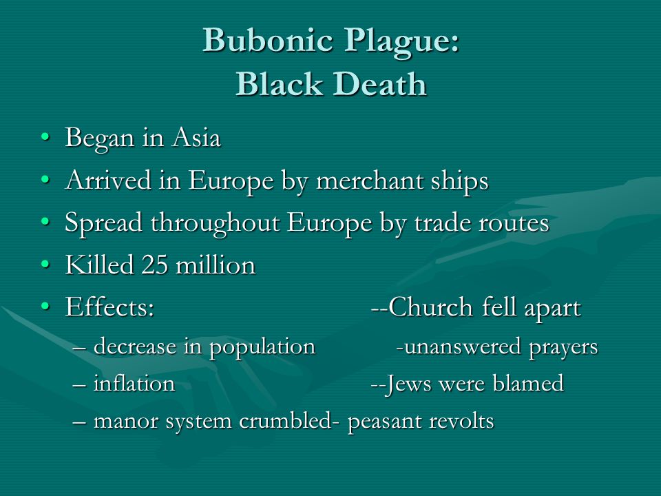 Bubonic Plague: Black Death Began in AsiaBegan in Asia Arrived in Europe by merchant shipsArrived in Europe by merchant ships Spread throughout Europe by trade routesSpread throughout Europe by trade routes Killed 25 millionKilled 25 million Effects:--Church fell apartEffects:--Church fell apart –decrease in population -unanswered prayers –inflation--Jews were blamed –manor system crumbled- peasant revolts