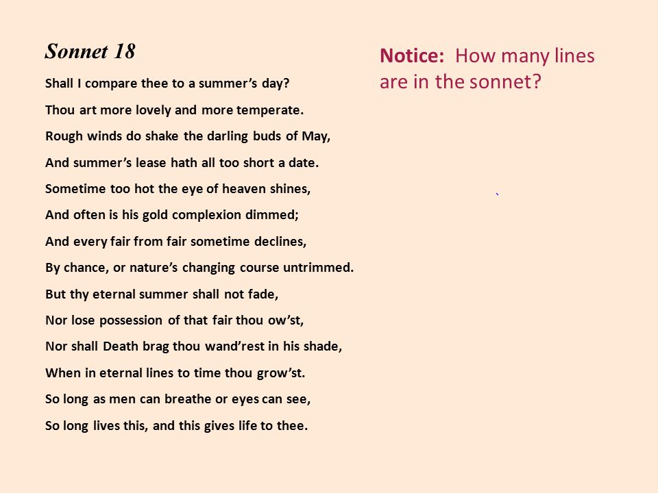 Notice: How many lines are in the sonnet. Sonnet 18 Shall I compare thee to a summer’s day.