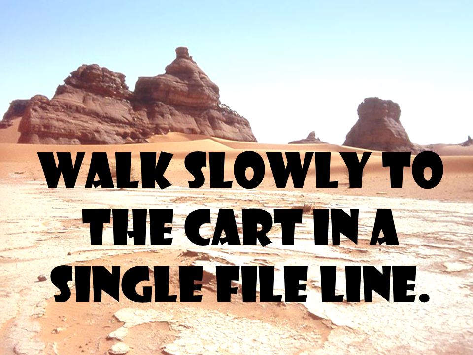 Walk slowly to the cart in a single file line.