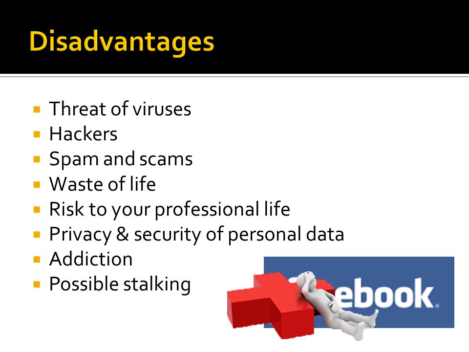 Threat of viruses  Hackers  Spam and scams  Waste of life  Risk to your professional life  Privacy & security of personal data  Addiction  Possible stalking